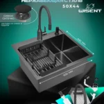 Кухонная мойка из нержавеющей стали WS35044B WISENT (50х44 см) Графит PVD со смесителем W74004-02, коландером, дозатором и итальянским сифоном