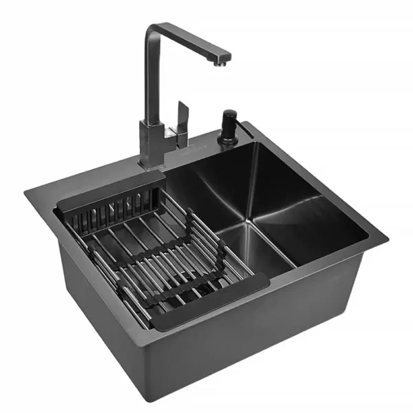 Кухонная мойка из нержавеющей стали WS35044B WISENT (50х44 см) Графит PVD со смесителем WP49-098-6-U, коландером, дозатором и итальянским сифоном