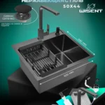 Кухонная мойка из нержавеющей стали WS35044B WISENT (50х44 см) Графит PVD со смесителем WP49-098-6-U, коландером, дозатором и итальянским сифоном