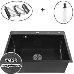 Кухонная мойка из нержавеющей стали WS36050BD WISENT (60х50 см) Нано-Графит PVD с коландером, дозатором и сифоном-ведерко