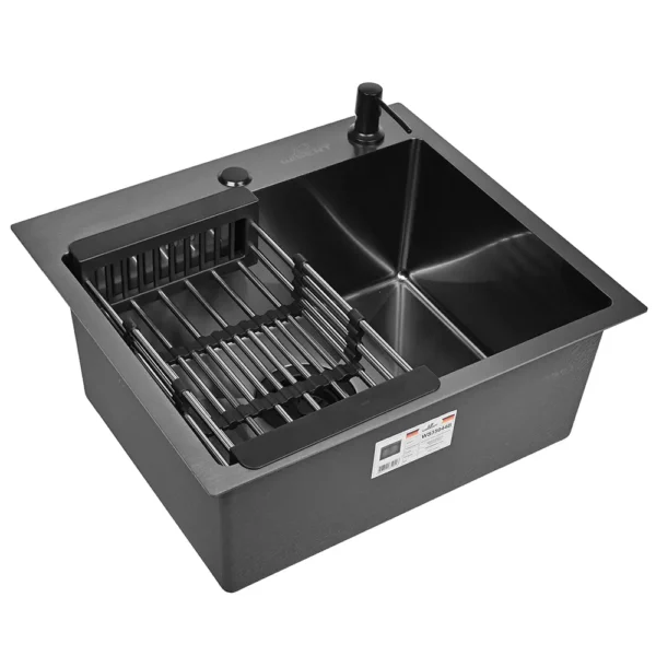 Кухонная мойка из нержавеющей стали WS35044B WISENT (50х44 см) Графит PVD с коландером, дозатором и итальянским сифоном