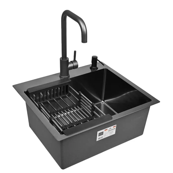 Кухонная мойка из нержавеющей стали WS35044B WISENT (50х44 см) Графит PVD со смесителем W4998-4-U, коландером, дозатором и итальянским сифоном