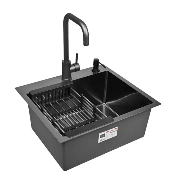 Кухонная мойка из нержавеющей стали WS35044B WISENT (50х44 см) Графит PVD со смесителем W4998-4-U, коландером, дозатором и сифоном-ведерко