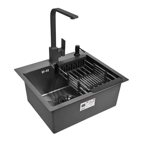 Кухонная мойка из нержавеющей стали WS35044B WISENT (50х44 см) Графит PVD со смесителем WP49-098-6-U, коландером, дозатором и сифоном-ведерко