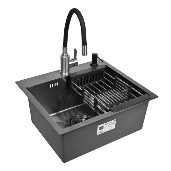 Кухонная мойка из нержавеющей стали WS35044B WISENT (50х44 см) Графит PVD со смесителем W74004-02, коландером, дозатором и сифоном-ведерко