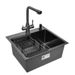 Кухонная мойка из нержавеющей стали WS35044B WISENT (50х44 см) Графит PVD со смесителем W4355-3-U, коландером, дозатором и сифоном-ведерко
