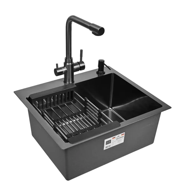 Кухонная мойка из нержавеющей стали WS35044B WISENT (50х44 см) Графит PVD со смесителем W4355-3-U, коландером, дозатором и сифоном-ведерко