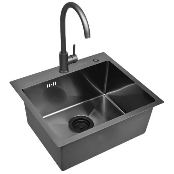 Кухонная мойка из нержавеющей стали WS35848B WISENT (58х48 см) Графит PVD со смесителем, дозатором и итальянским сифоном