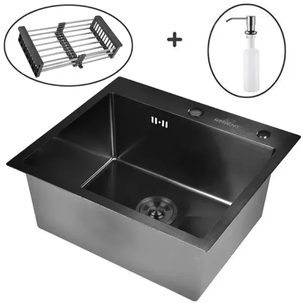 Кухонная мойка из нержавеющей стали WS35848B WISENT (58х48 см) Графит PVD с коландером, дозатором и сифоном-ведерко