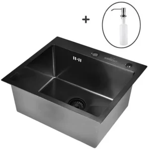 Кухонная мойка из нержавеющей стали WS35848B WISENT (58х48 см) Графит PVD с дозатором и итальянским сифоном