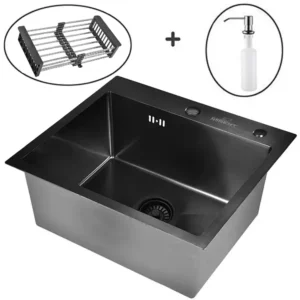 Кухонная мойка из нержавеющей стали WS35848B WISENT (58х48 см) Графит PVD с дозатором и итальянским сифоном