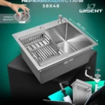 Кухонная мойка из нержавеющей стали WS35848 WISENT (58х48 см) Сатин с коландером, дозатором и итальянским сифоном