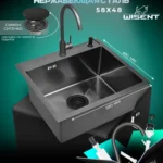 Кухонная мойка из нержавеющей стали WS35848B WISENT (58х48 см) Графит PVD со смесителем, дозатором и итальянским сифоном