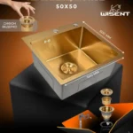 Кухонная мойка из нержавеющей стали WGS35050G WISENT (50х50 см) Золото PVD с сифоном-ведерко