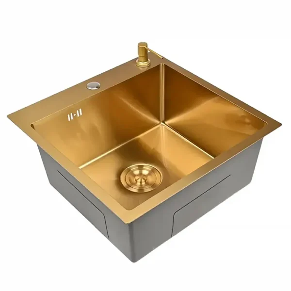 Кухонная мойка из нержавеющей стали WGS35050G WISENT (50х50 см) Золото PVD с дозатором и сифоном-ведерко